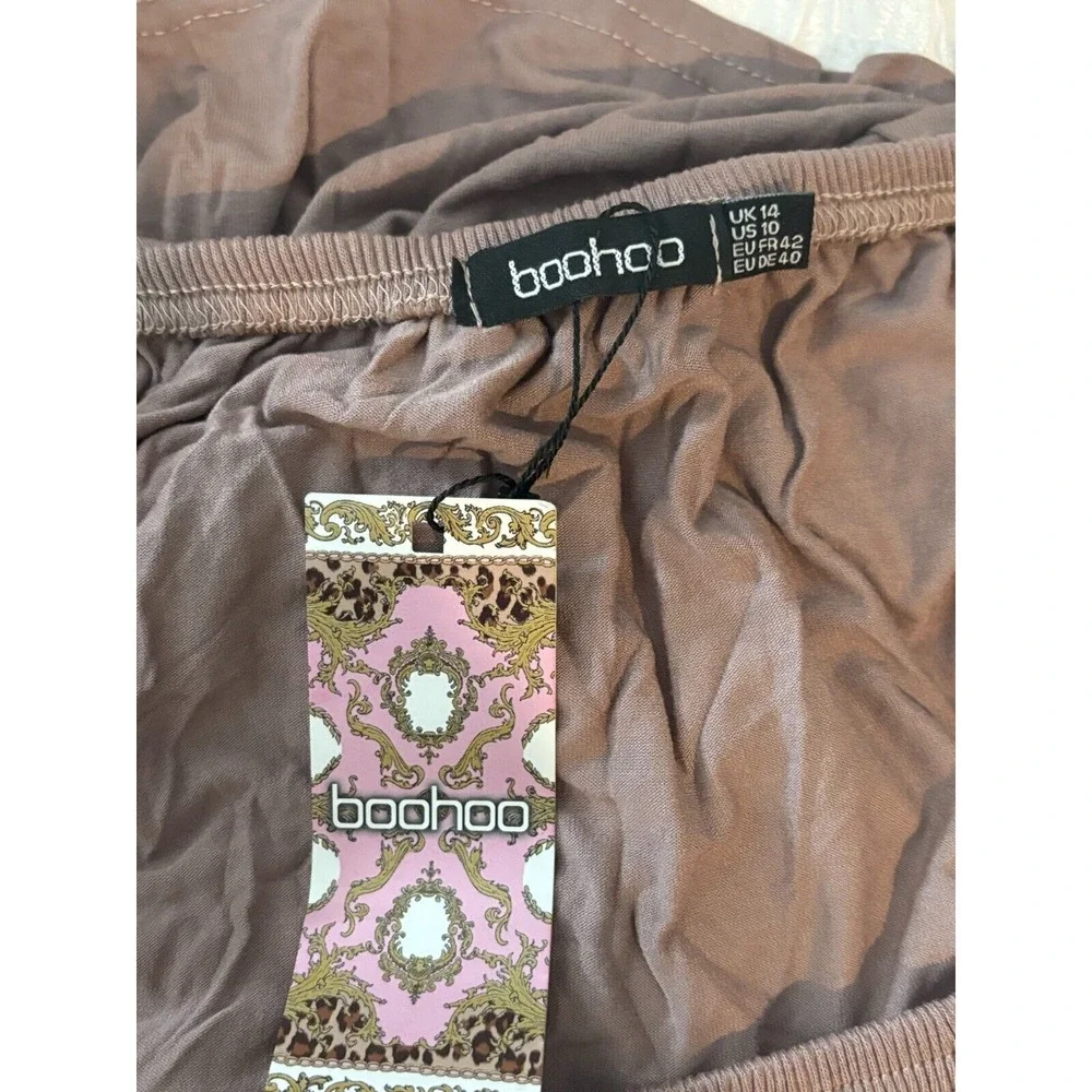 Boohoo Swing Dress Women's 10 Brown Off The Shoulder Pleated Sleeveless Pullover